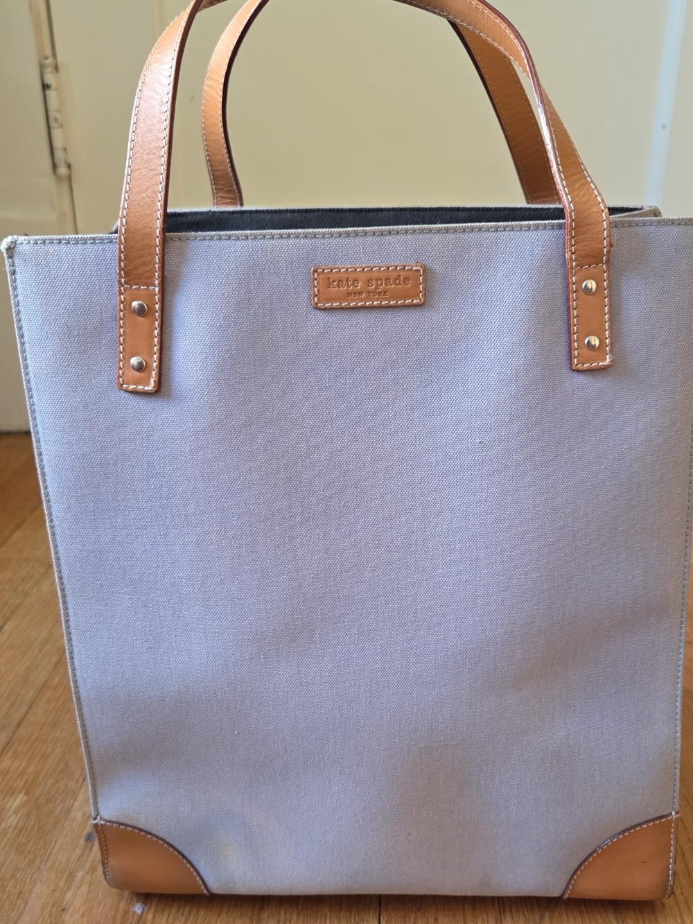 Kate Spade Blue/Gray Canvas Tote with Tan Leather Trim